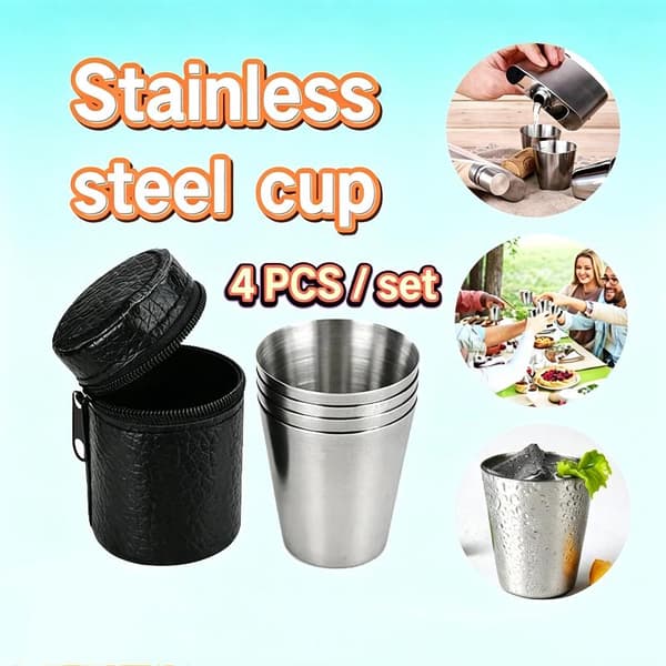 4st 30ML Rostfria Stålmuggar Set Bärbara Utomhus Med Läder Silver