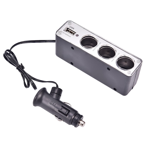 Sort 3-veis Multi Socket Bil Lighter Splitter USB-lader