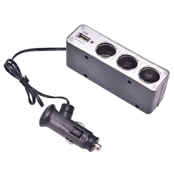 Svart 3 Ways Multi Socket Car Lighter Splitter USB laddare