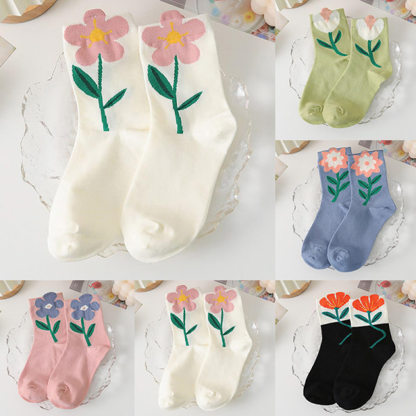 Bomull Damstrumpor Casual Andas n Style Cartoon Flower Ca White
