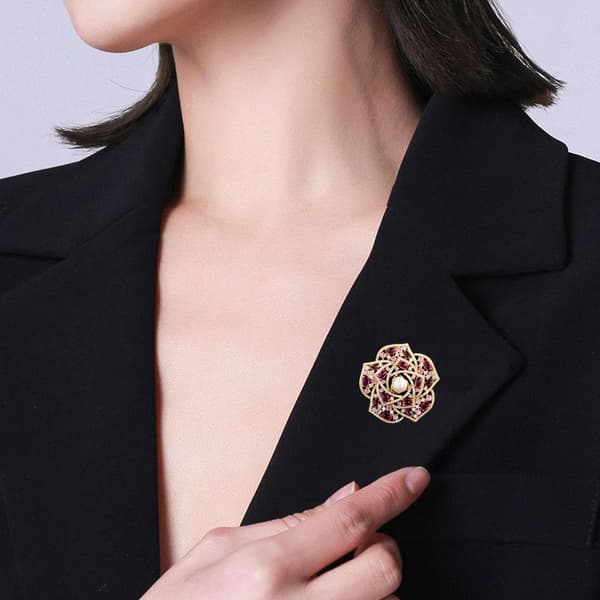Mode Rhinestones Pärla Kamelia Blomma Brosch För Kvinnor Kappa A3