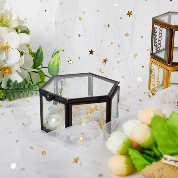 Geometrisk klart glas smykkeskrin Smykker Organiser Holder Rin Gold