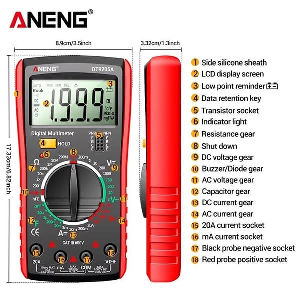 DT9205A Digital RMS Professionell AC/DC Strömtestare Kondensator V Red