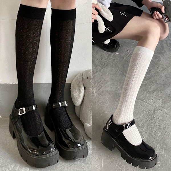 Japan Style Strømper Lange Sokker Solid Svart Hvit Kvinne Sokker Black