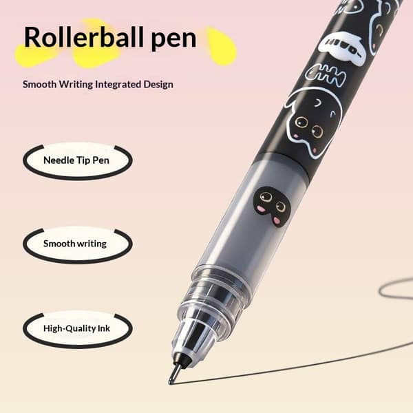 6 STK Sort Kul Kat Direkte Flydende Rollerball Pen Med Mini Smo A1