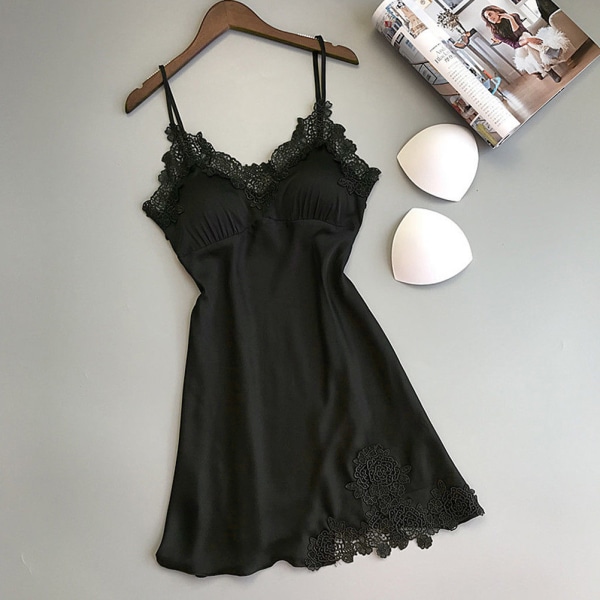 Kvinner Sexy Undertøy Silke Lace Robe Kjole Babydoll Nattkjole Black XL