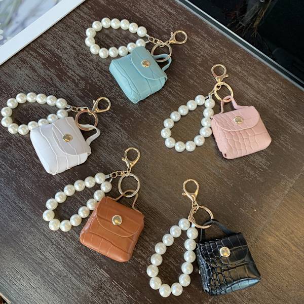 Myntplånböcker Pearl Chain Keychain Hörlurslåda Key Organizer Bag White