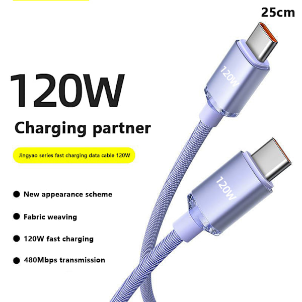 120 W USB C - Type C -kaapeli IPhone 15 Pro Max 13 Oneplus PO:lle Purple-25cm