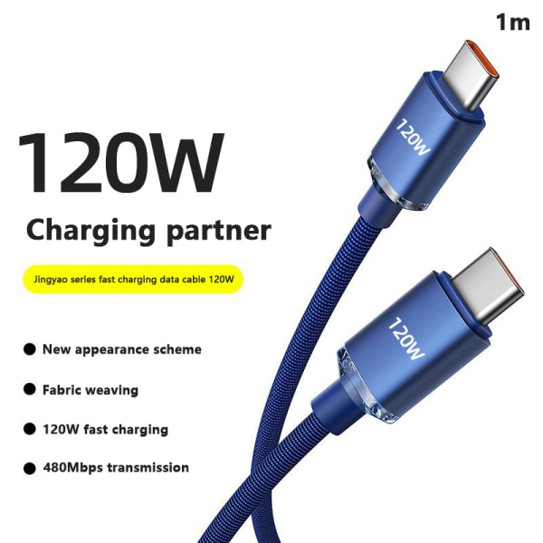 120 W USB C - Type C -kaapeli IPhone 15 Pro Max 13 Oneplus PO:lle Blue-1m