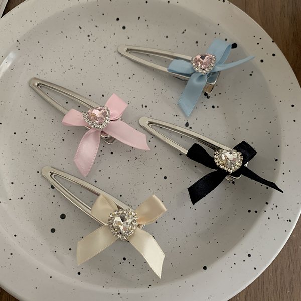 Estetisk Bowknot Heart Rhinestone Hair Clip For Women Sweet e Pink