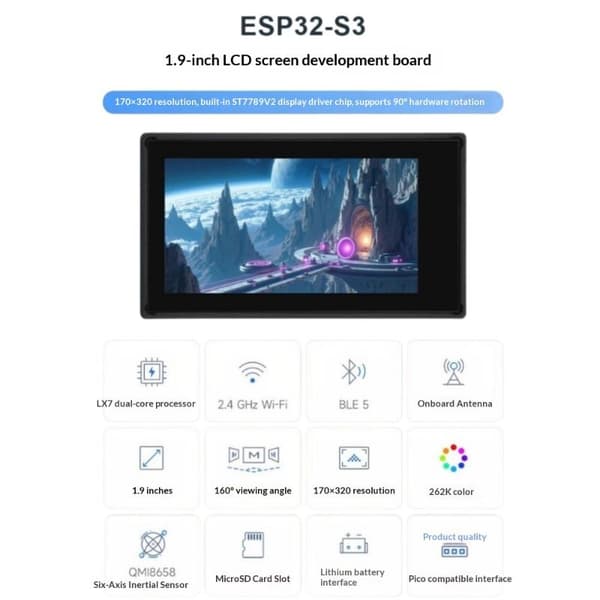 1 stk. ESP32-S3 1,9 tommer LCD 170×320 IPS Touch Display Modul 262K Touch LCD