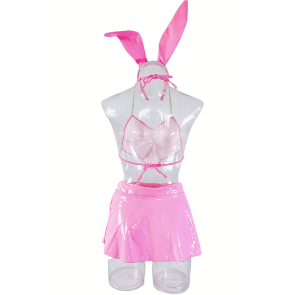 4 stk/sæt Latex Neon Pink Lingeri Bunny Sexet PVC Outfit Love He Red S