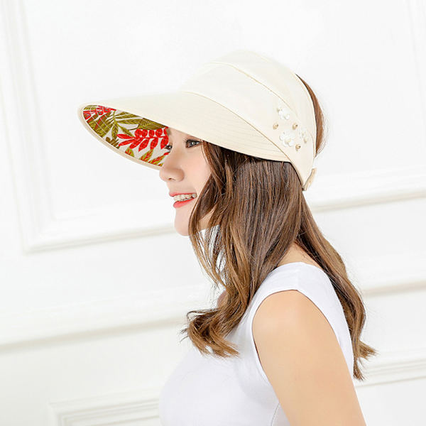 Sommerhatter For Dame Sammenleggbar Solhatt Perleblomstvisir Khaki