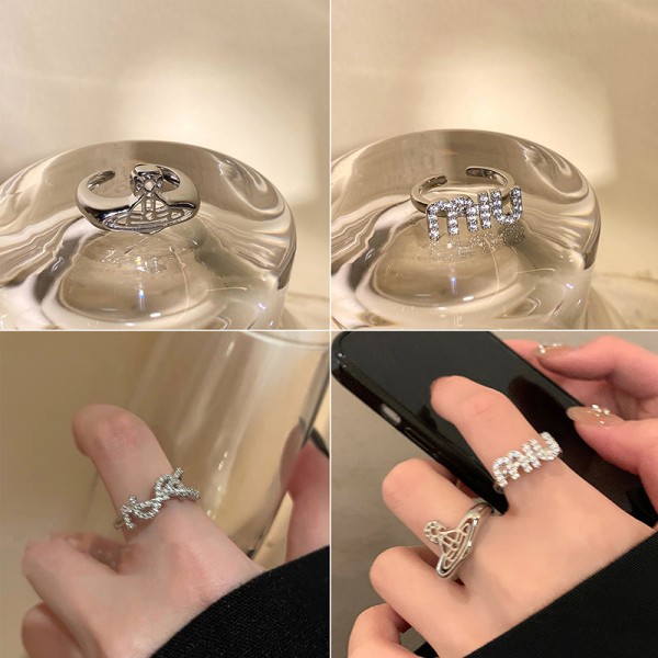 Punk Style Sparkling Rhinestone Planet Bokstäver Ring Öppning Adj C