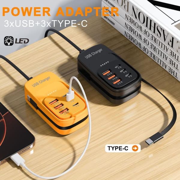 1 stk. 6 USB A-oplader USB-hurtigopladningsstik med Type C-kabel Yellow 6usb EU