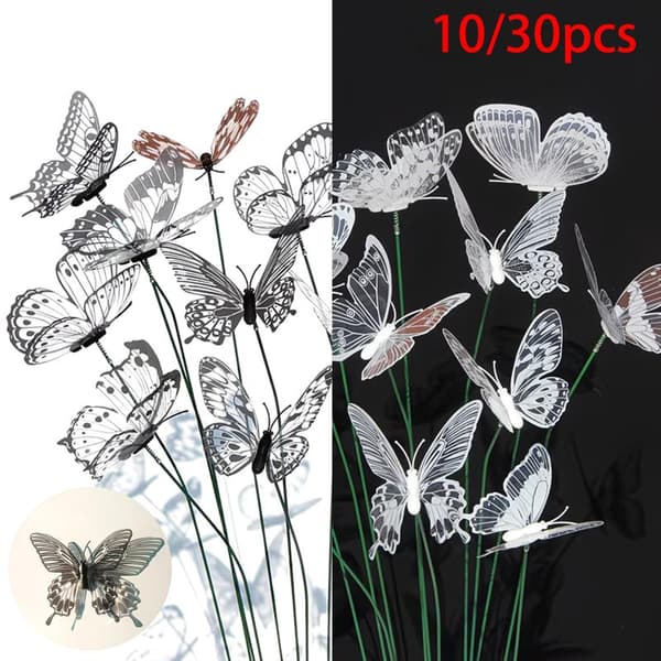 10/30 stk. 3D sort/hvid kunstig sommerfugl havestav blomstervase B10