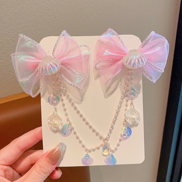 Lapset Mermaid Princess Pearl Fringe Bow Otsaketju Hiukset A3