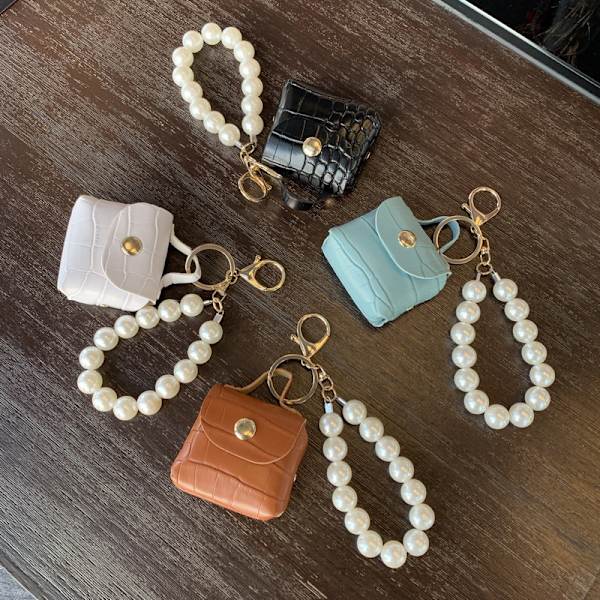 Myntplånböcker Pearl Chain Keychain Hörlurslåda Key Organizer Bag White