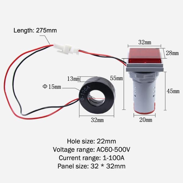 Firkantet LED Digital Voltmeter Amperemeter Hertz Meter AC20-500V Skilt Red