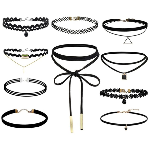 10 stykker choker halskæde sort klassisk fløjl Stretch Gothic