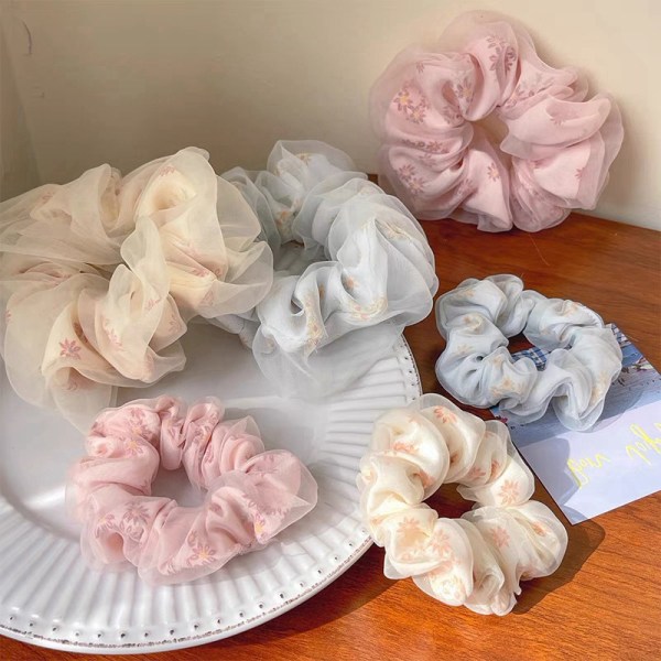 Dobbeltlags Silk Organza Scrunchies Søt Blomster Hårbånd For S Beige