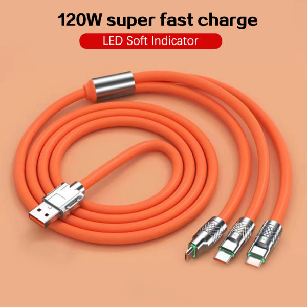 Paksu 3 in 1 120 W USB pikalaturikaapeli Micro USB Type-C:lle Orange