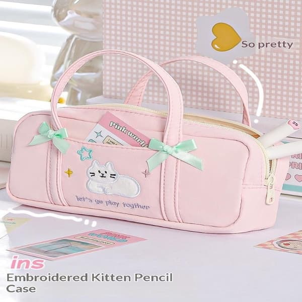 e Bow Kitten Pennväska Bärbar Broderi Högt Värde Liten Fr White