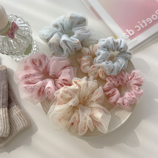 Dobbeltlags Silk Organza Scrunchies Søt Blomster Hårbånd For S Blue