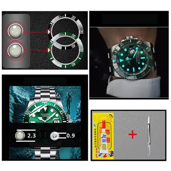 Grønne/blå/lysende klokkeringperler Lysende Submariner-ring A2