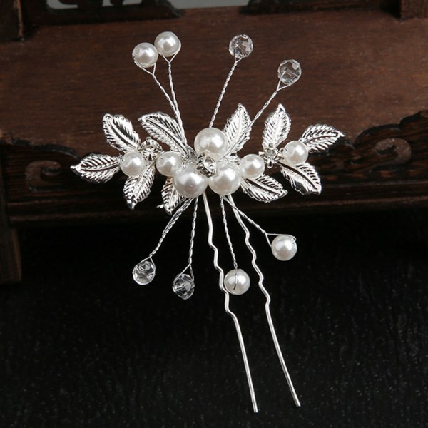 Crystal Pearl Flower Hårnåle Clips U-formet hårnål Gold Leaf Silver