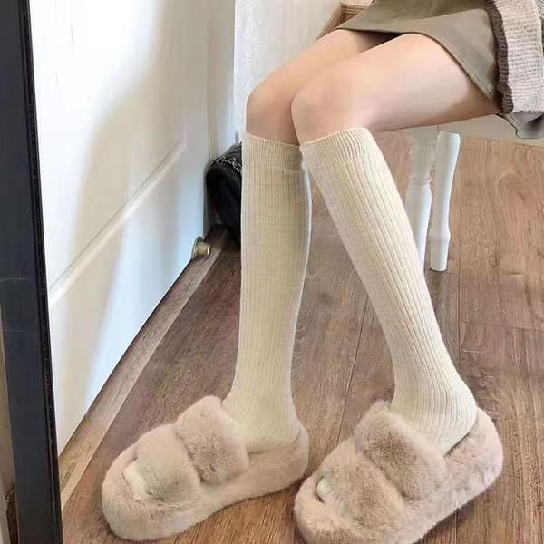1 par høst vinter damestrømper bomull strikket solid kalv S Beige