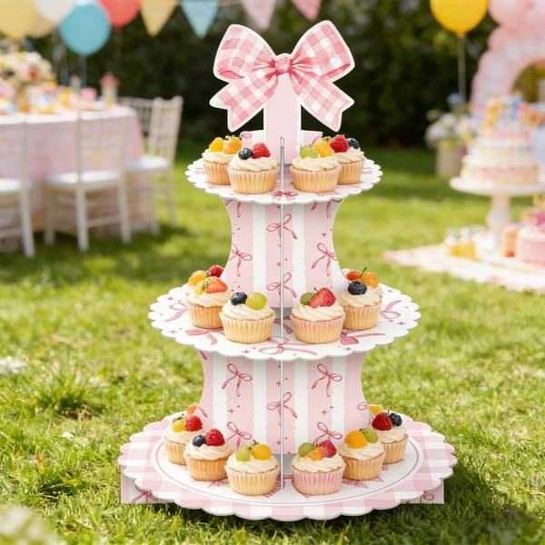 3-vånings tårtställ körsbärsbåge barnkalas muffins cupcake dessert A