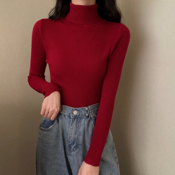 Damtröjor med turtleneck Casual Mjuk tröja Elastiska tröjor Wine red