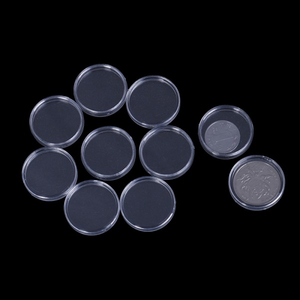 10 st 26 mm plast runda applicerade klara fodral myntförvaringskapsu