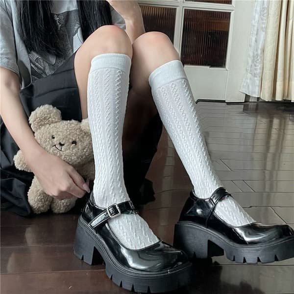 Japan Style Strømper Lange Sokker Solid Sort Hvid Kvinde Sokker Black