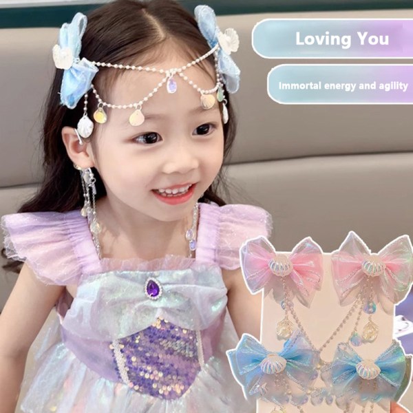 Lapset Mermaid Princess Pearl Fringe Bow Otsaketju Hiukset A3