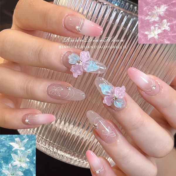 20 stk 3D Gradient Pastell Blomst Neglepynt Krystalltekstur For A2