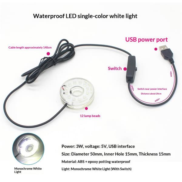 1 stk USB LED belysning farverigt lys DC rund lampe til fisk A4 5V USB