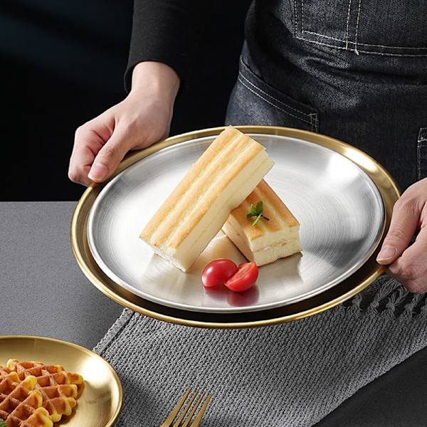 Gylden rustfritt stål oppbevaringsbrett Luksuriøs messing rund plate Gold 26cm
