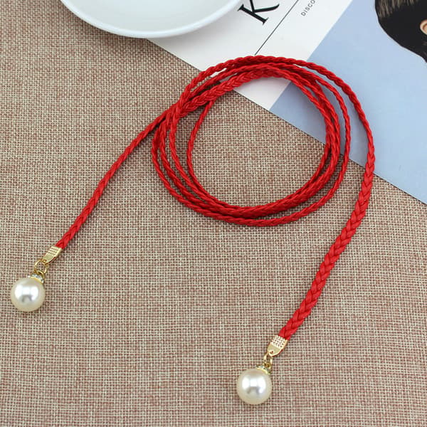 Creative Thin PU Belt Simulated Pearl midjebälten Red