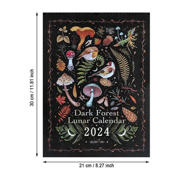 12 X 8 tommer Dark Forest Lunar Calendar 2024 inneholder 12 originaler