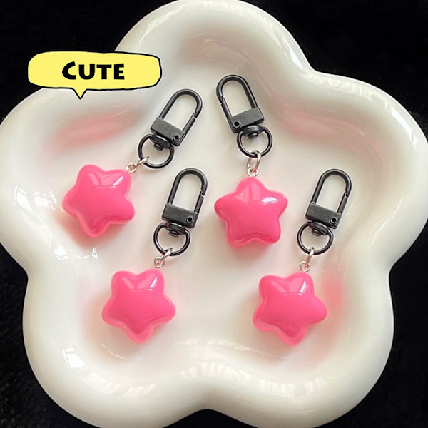 Rose Red Fat Star Key Ring Holder Glitter Pendant Colorful Keyc