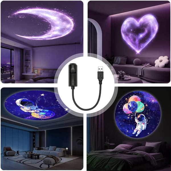 LED USB Projektorlys 8 stk. Planeter Hjerter Måne Astronauter Proj Light and 8pcs Film