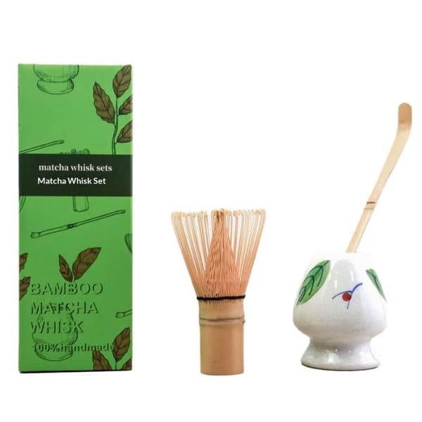 Matcha-lagesett Bambus Tevisp Teskje Bolle Keramikk E 3Pcs