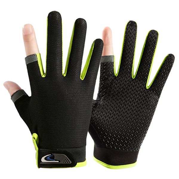 1 par Anti-Slip andningsbara fiskehandskar Two Finger Slitstark O Green