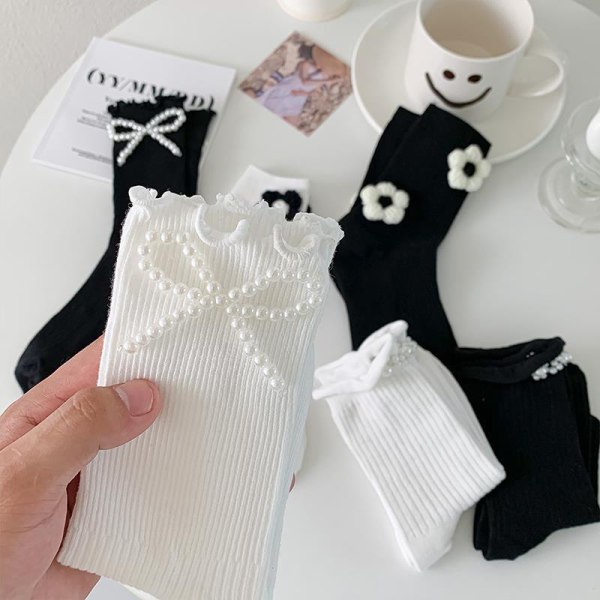 1Pari Pearl Calf Socks Tyttösukat Musta Valkoinen JK Middle Tube La A6