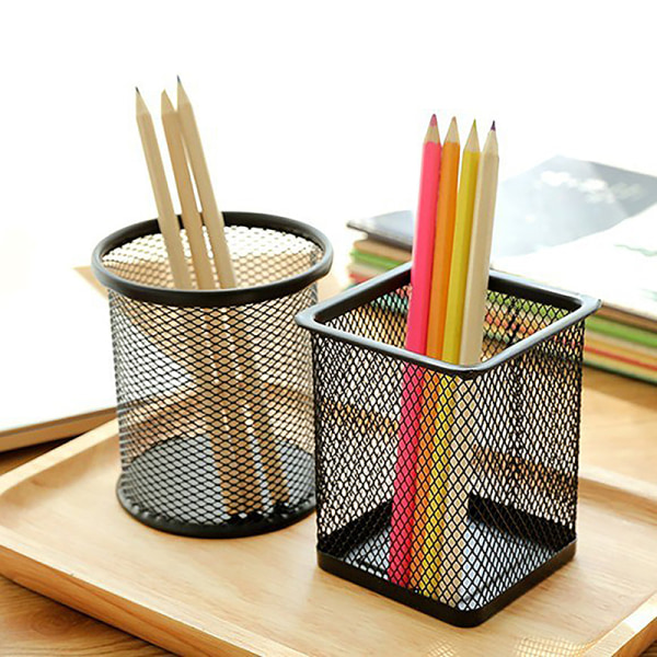 Blyantholder Kontorbord Metal Mesh Firkantet Pen Pot Case Statio Black round