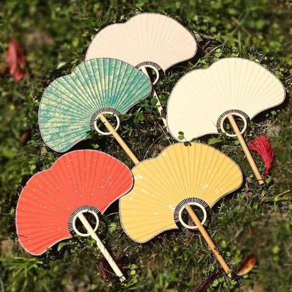 Hand Ginkgo Rund Solfjäder Papper DIY Vikbar Solfjäder Bambu Bröllop Måla Pink
