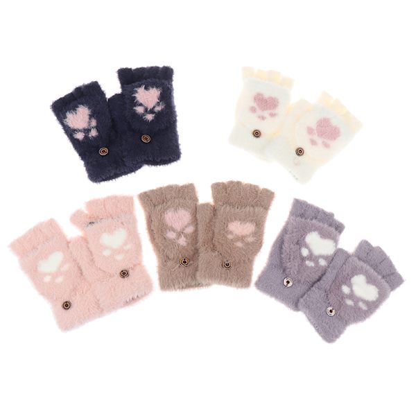 Kvinder Varme Kattehandsker Cat Claw Paw Plys vanter Halvfinger Wi Pink