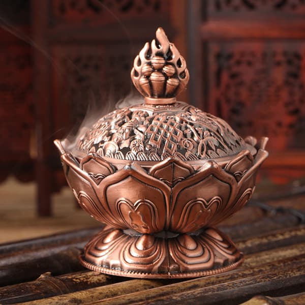 Tibet Saml bronze lovende Lotus Shape Statue Box Røgelse Red copper